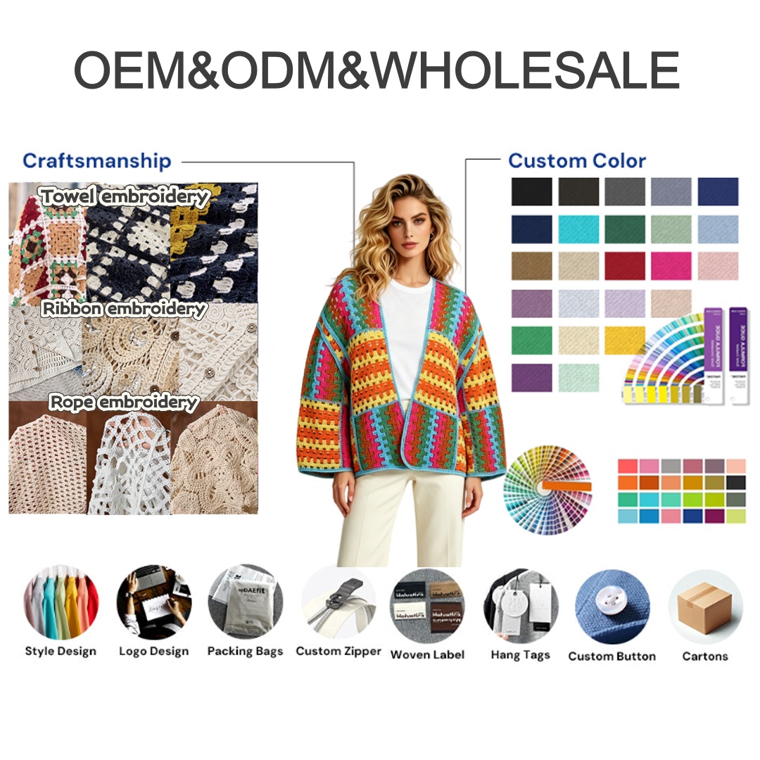 Women Multicolor Rainbow Patchwork Boho Retro Color Block Hollow Out Spring Autumn Knitted Crochet Cardigan