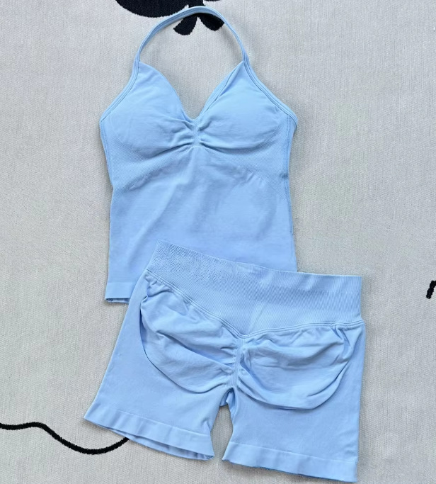 Gym Set Women Backless Tank Tops Scrunch Seamless Shorts Gym Suit Fitness Clothes Activewear Workout Sets