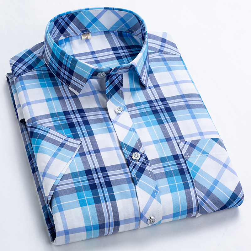 Custom Blue Checked Short Sleeve Men's Clothing Cotton Apparel for Man