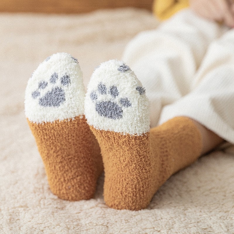Wholesale Women's Cozy Microfiber Sleep Socks Novelty Cat Paw Design Warm Fuzzy Crew for Winter Season