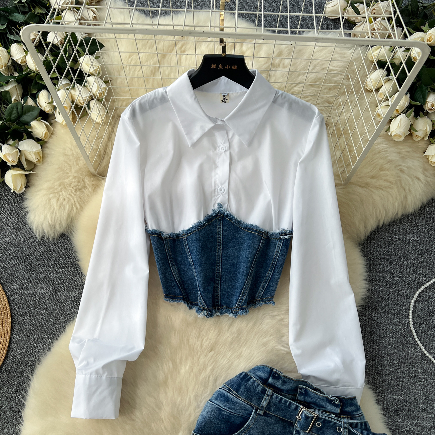 Fashion Splicing Two-piece Long Sleeved Shirt Women's Waistband Waist Cinched Denim Skirt Two-piece Set
