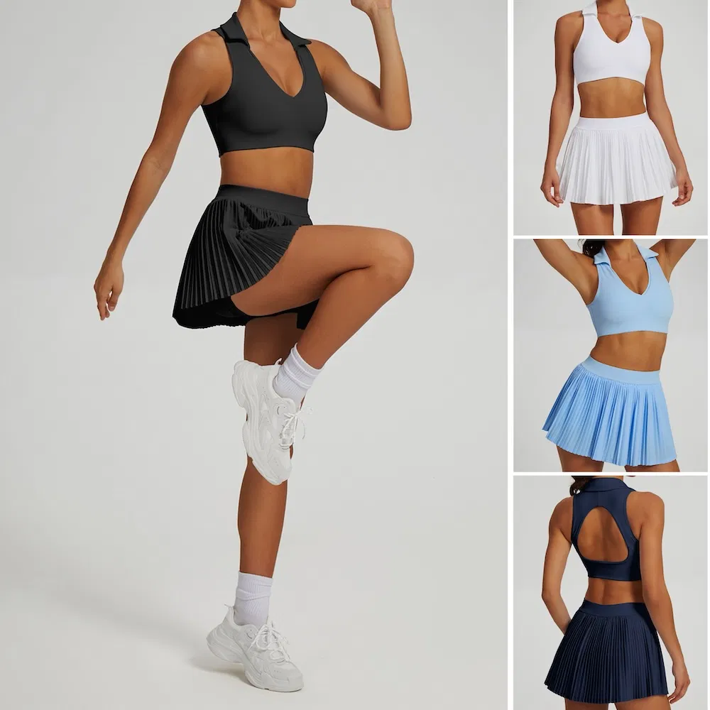 Wholesale Sexy Fashion Pickleball Sports Apparel for Women, Two Piece Pleated Golf Skirt Sets for Polo Neck Tank Top with Bra and Pleated Skort with Pocket