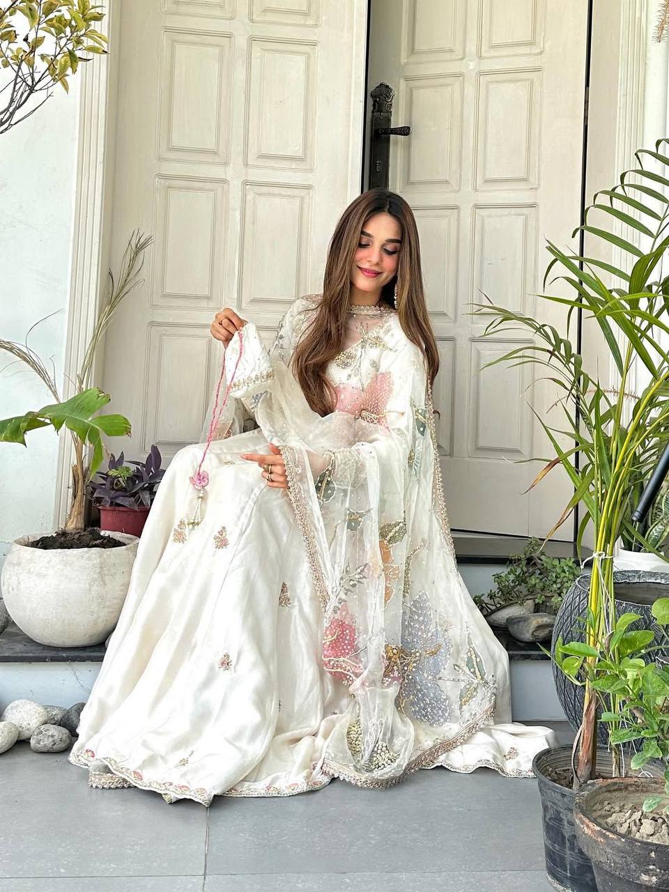 Stunning Embellished Chinon Gown Plazzo Dupatta Set Three Piece Winter Party Wear Elegant Ethnic Attire Women Sun Protection