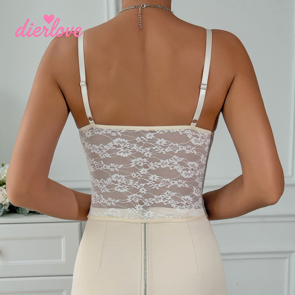 Model Back View Elegant White Floral Lace Mesh Sheer Spaghetti Strap Bow Detail Corset Top