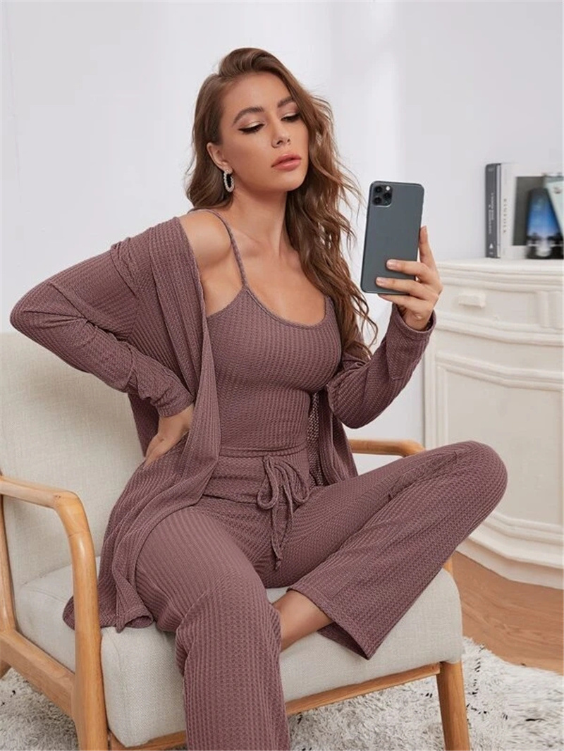 Women's Fashion Sexy 3-Piece Lounge Wear Knit Top Pants and Robe Summer Loungewear Sleepwear Set