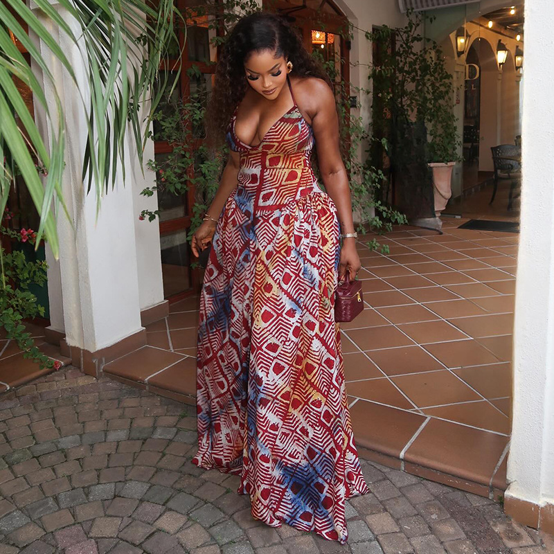 Resort Vacation Maxi Dress Halter Deep V Neck Geometric Printed Sleeveless Apparel