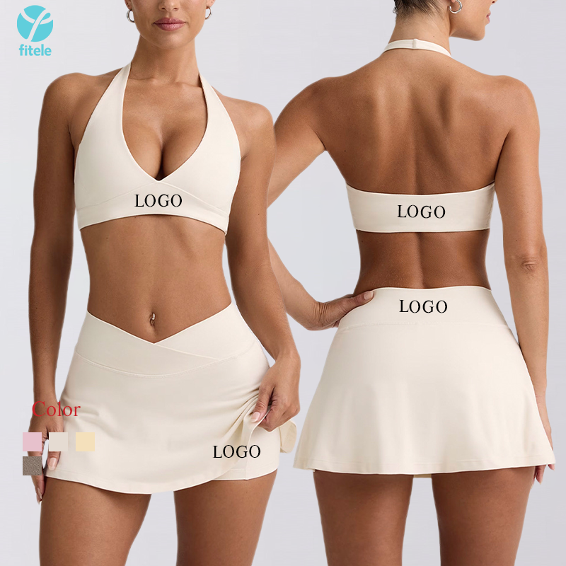 Women's Halter V Neck Bra Tennis Skirt Custom Logo 2-Piece Solid Breathable Yoga Golf Tennis Sport Wear Front Fitness Outfits