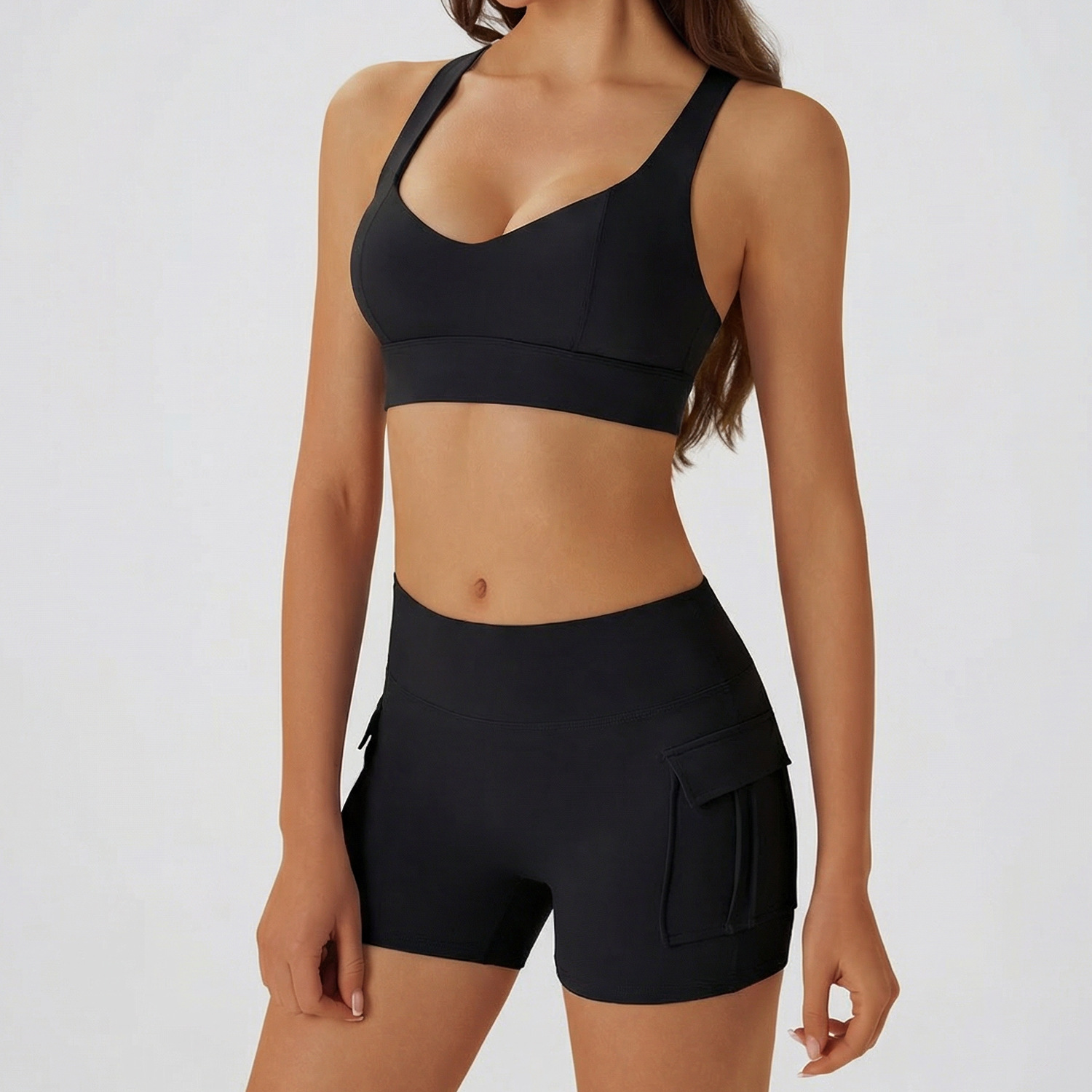 TZ061 Sportswear Set Women's Hollow-Out Back Sports Bra &amp; High Waist Cargo Shorts Yogowear High Support Spandex/Nylon Outdoor