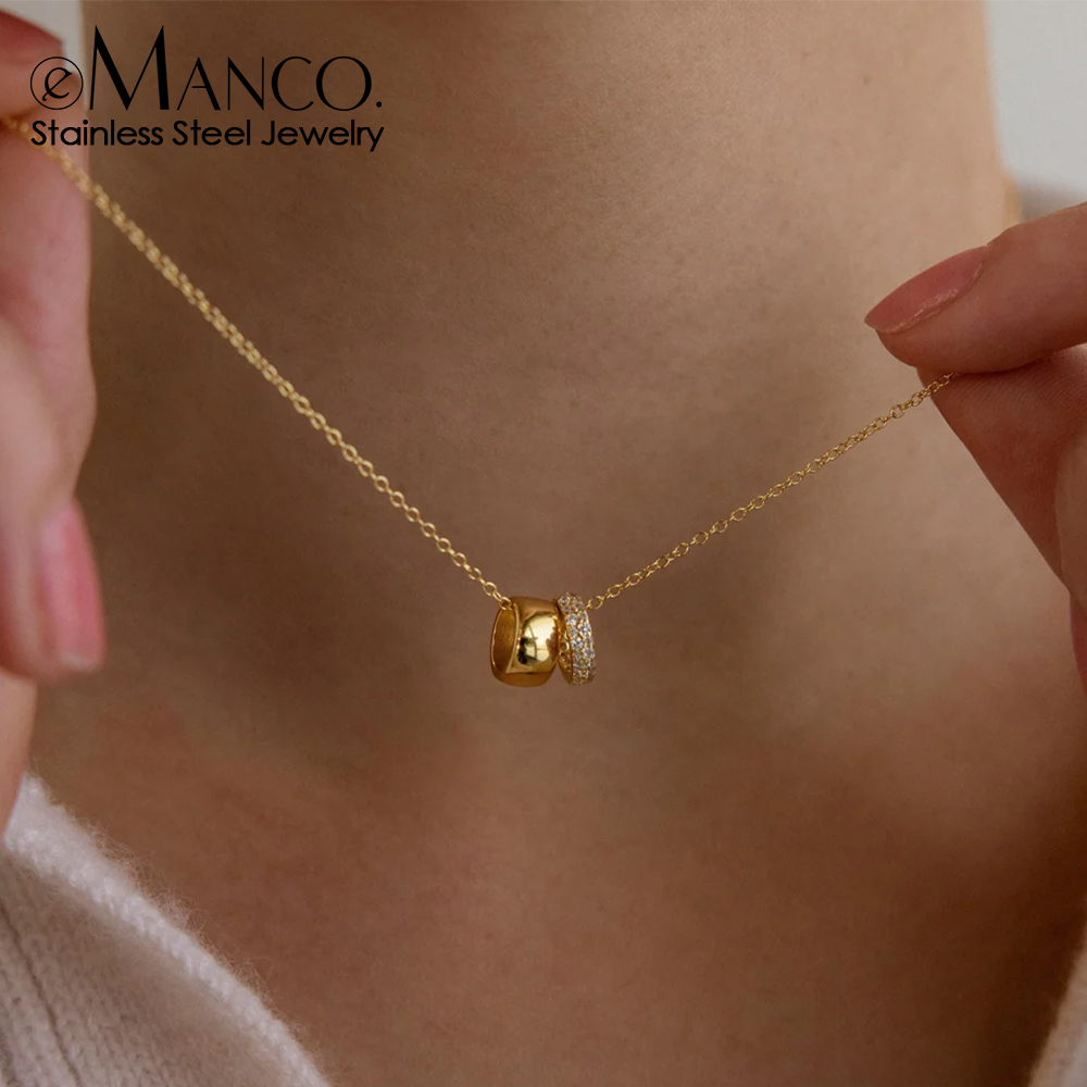 EManco Stainless Steel Ring Pendant Necklace Luxury Rhombus Ring Crystal Necklace Non Tarnish Gold Color Jewelry for Women