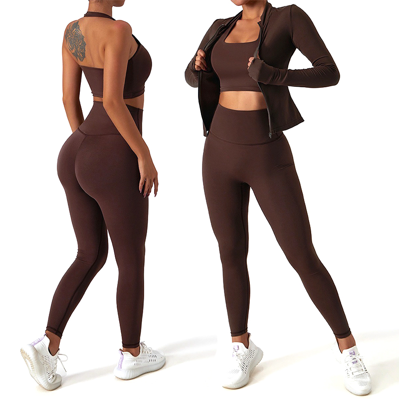 New Premium 2/3PCS Fashion Workout Clothes Ropa De Yoga Fitness Apparel for Women, Halter Neck Sports Bra + Long Sleeve Zipper Jacket + Gym Leggings Tracksuit