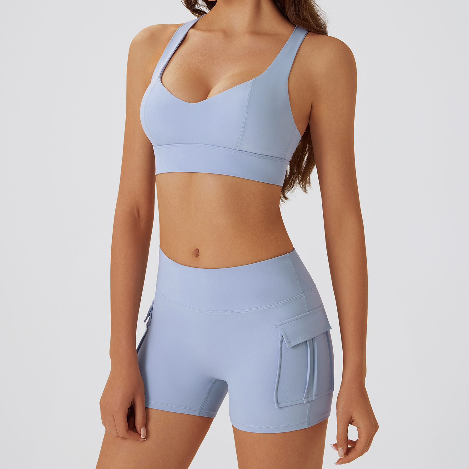 TZ061 Sportswear Set Women's Hollow-Out Back Sports Bra &amp; High Waist Cargo Shorts Yogowear High Support Spandex/Nylon Outdoor