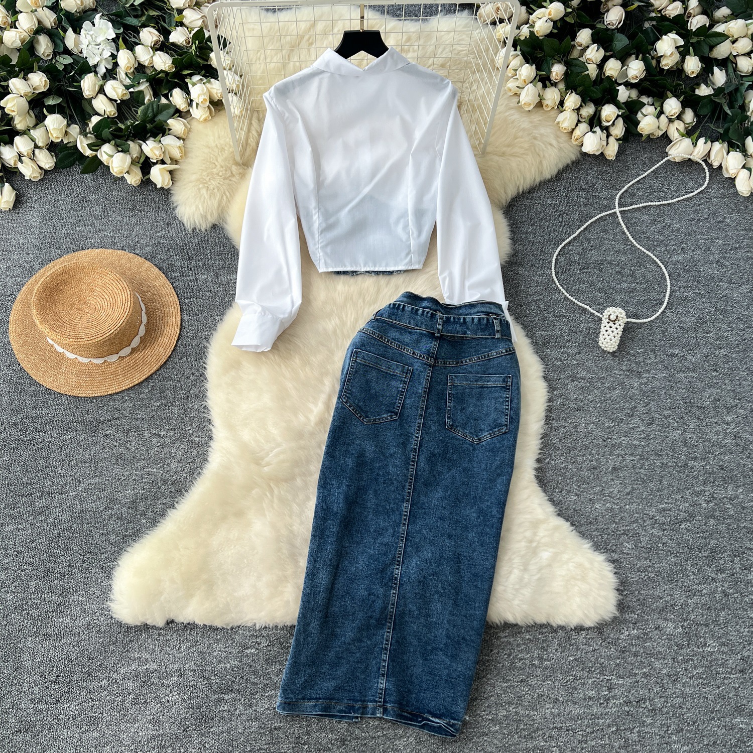 Fashion Splicing Two-piece Long Sleeved Shirt Women's Waistband Waist Cinched Denim Skirt Two-piece Set