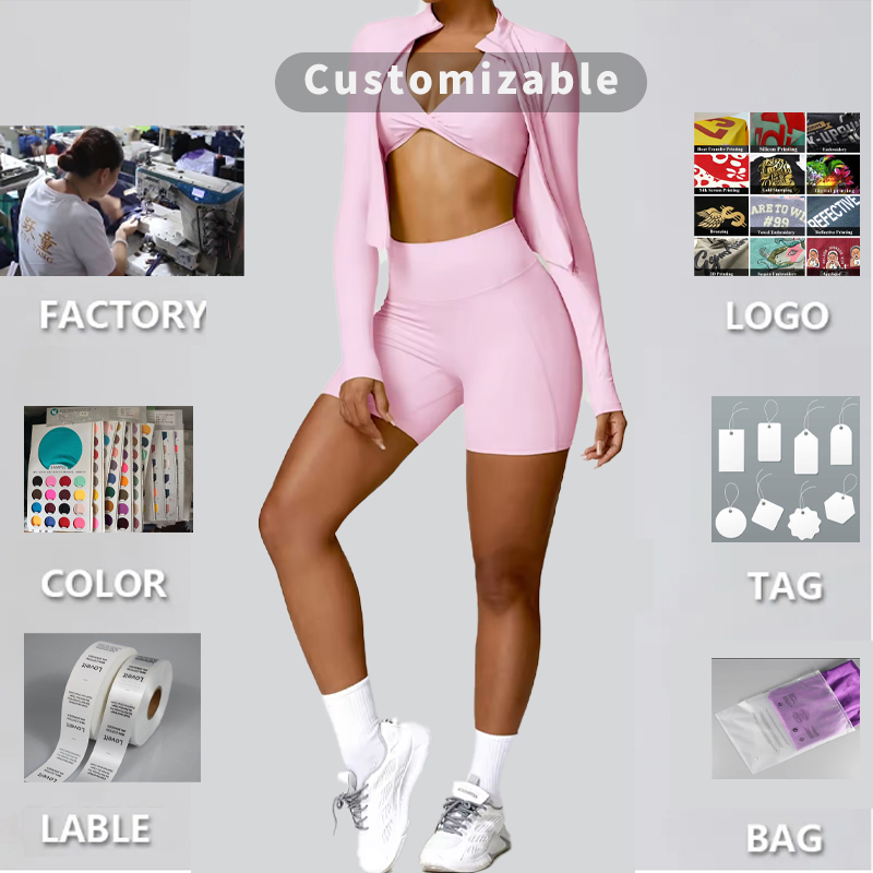 Sports Bra Top Pink Yoga Jacket Gym Wear Workout Sets Yoga Set With Jacket Women Spandex Thumb Hole Jacket Workout Fitness Set