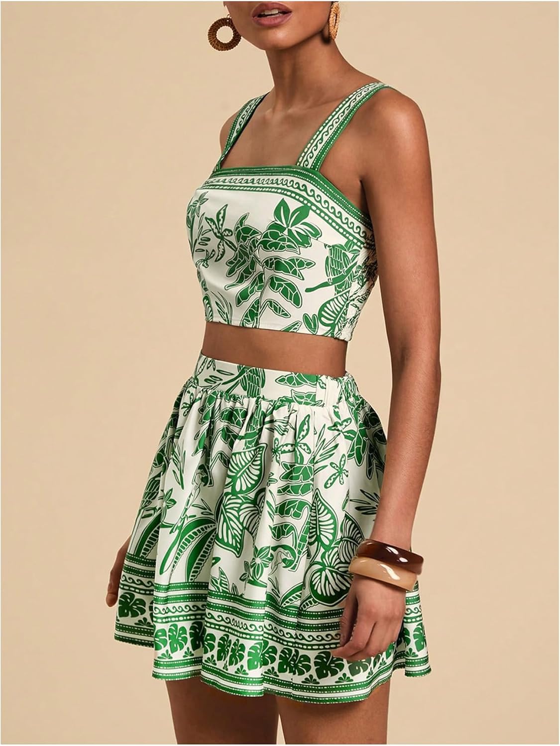 Floerns Women's Two Piece Outfit Tropical Crop Cami Top And Above Knee Summer Skirt Set 95% Polyester 5% Elastane