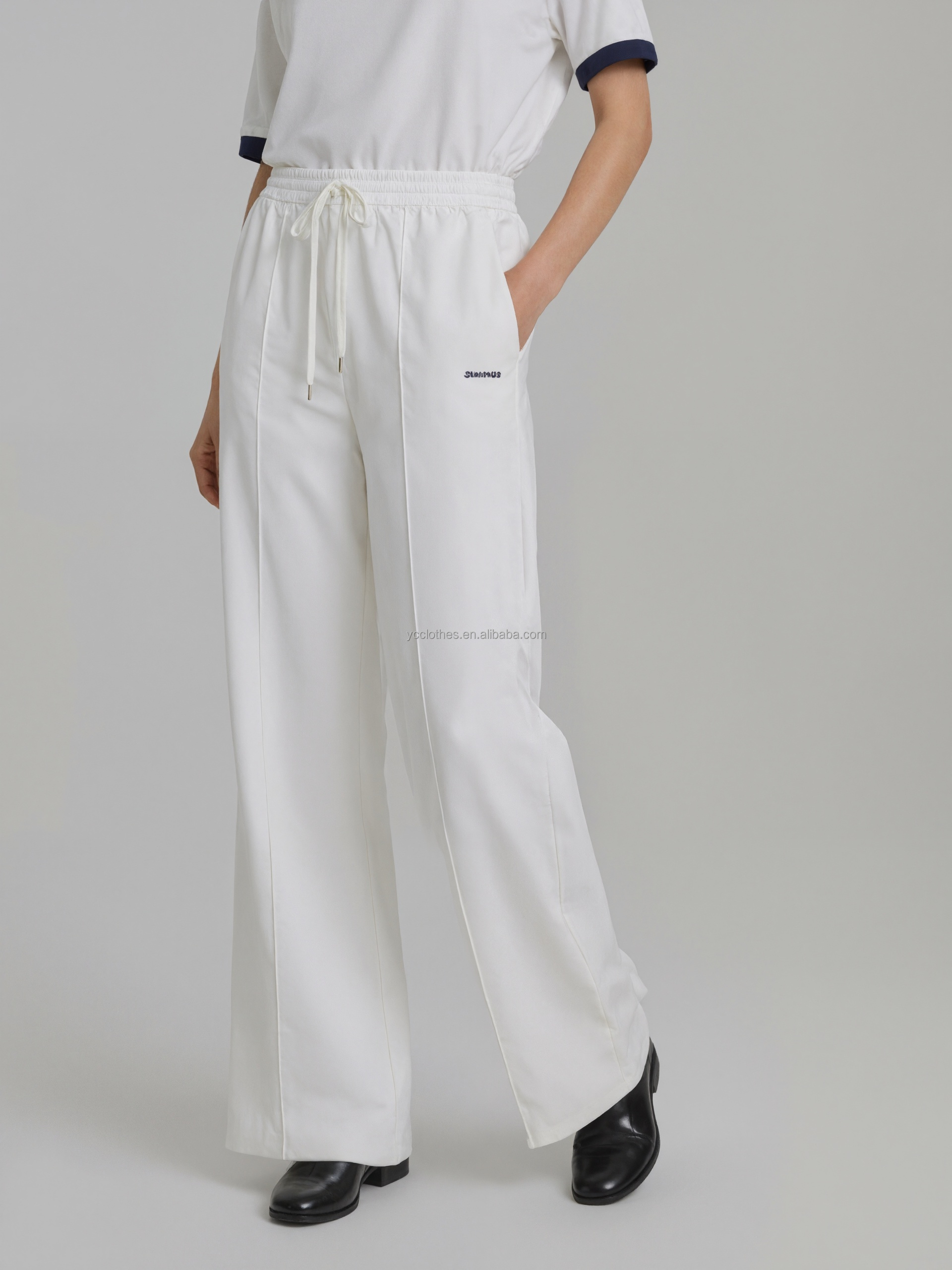 Wholesale Anti-Wrinkle Embroidered Custom Logo Women's Straight Pants Full Length High Waist Elastic Drawstring Casual Lounge