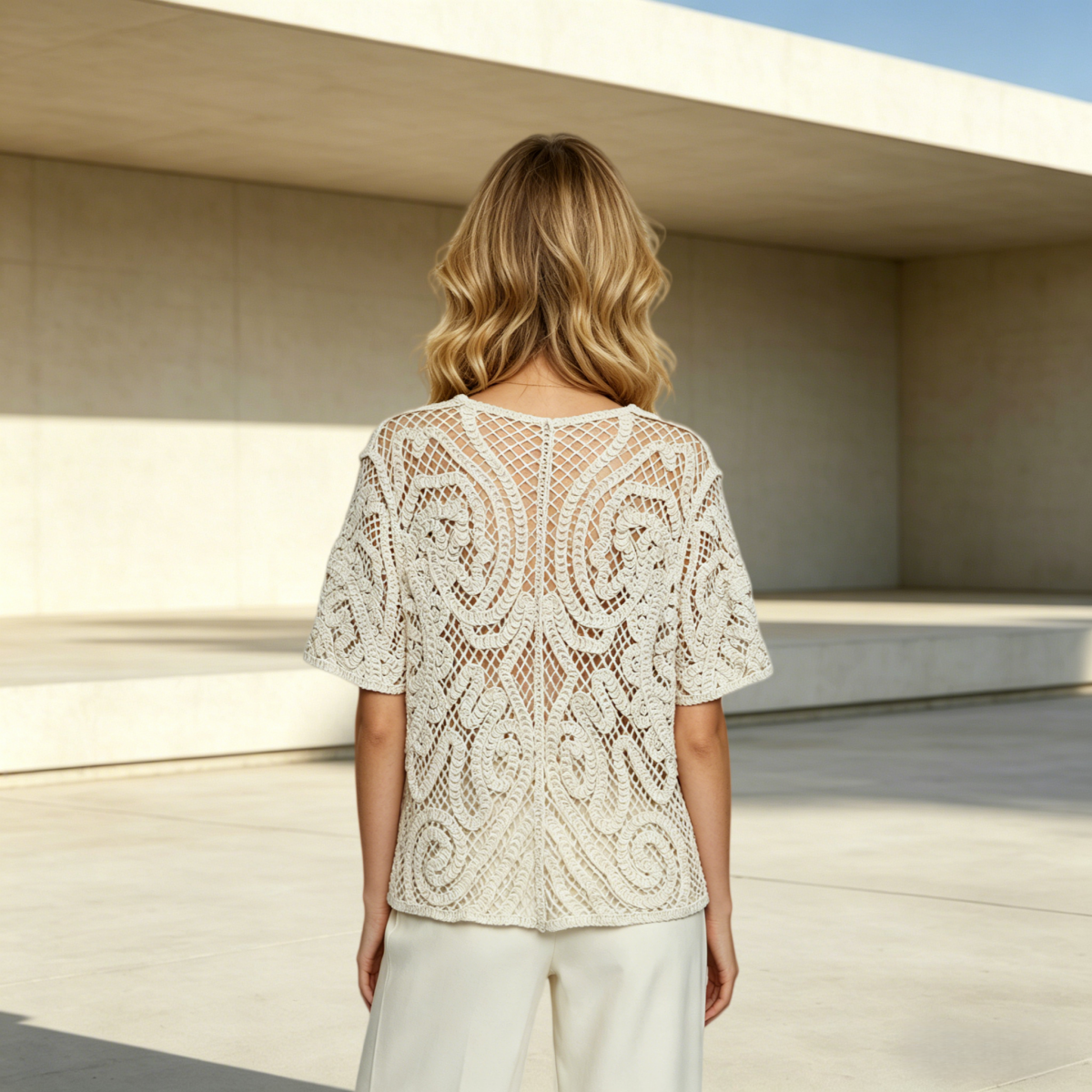Women Beige Lace Crochet Lightweight Hollow Out Openwork Loose Casual Short Sleeve Boho Daily Commute Knit Crochet Cardigan Top Scene Display 2