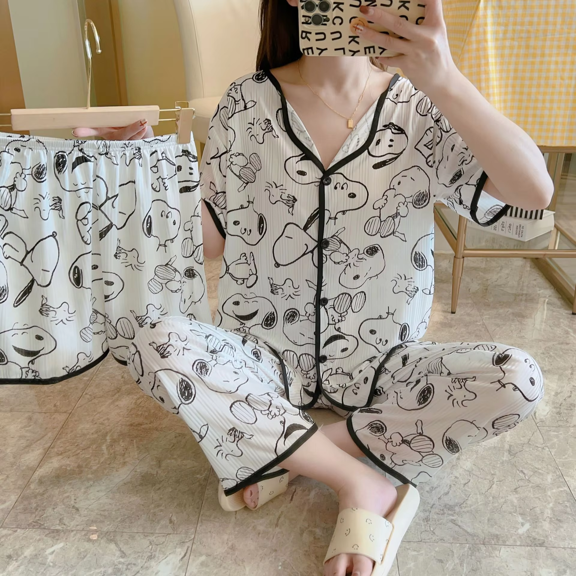 Women's Three-Piece Cardigan Sleepwear Set Spring And Summer Long Pants With Short Sleeves Casual Milk Silk Plaid Woven Suit