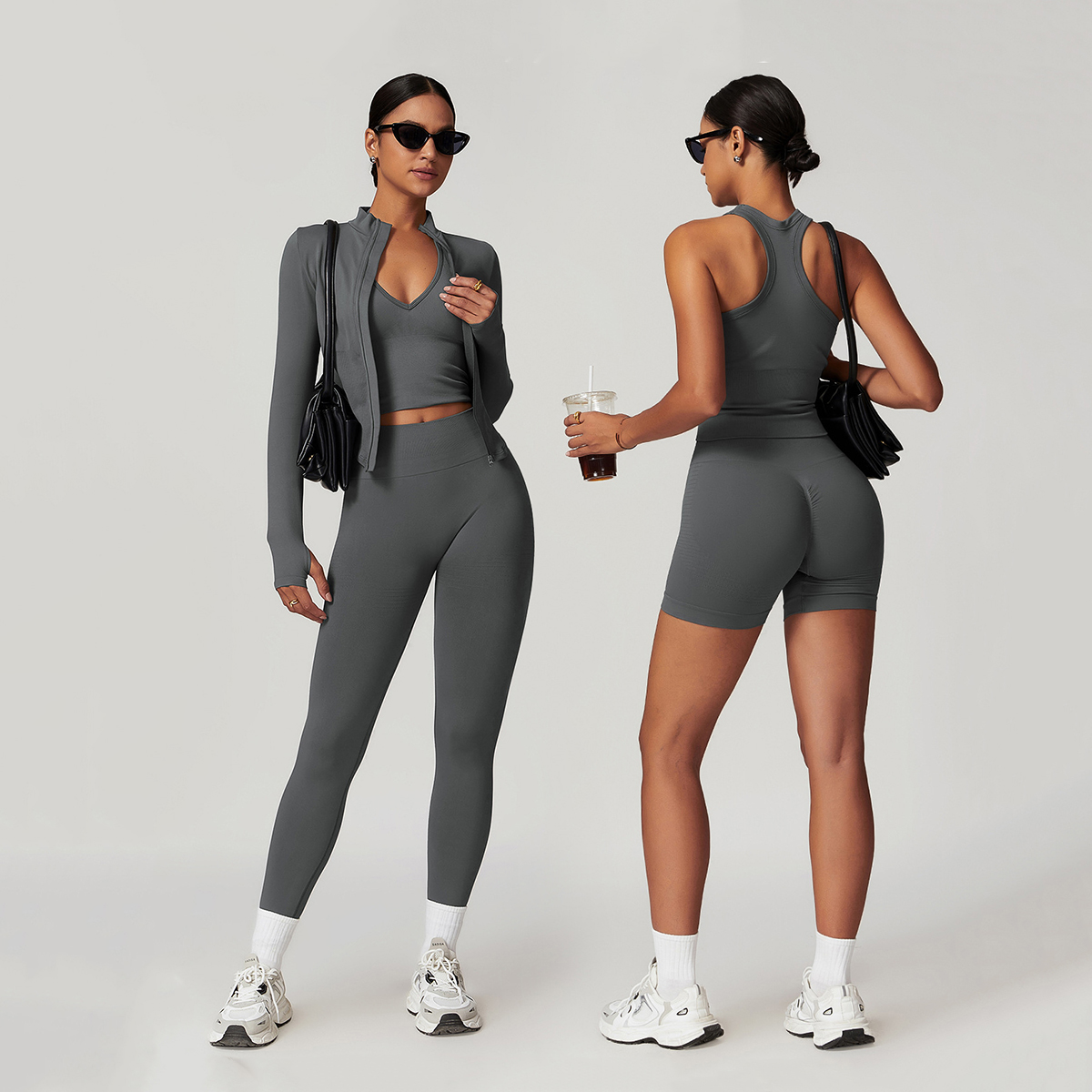 Custom Logo Women's Solid Gym Seamless Activewear Fitness Clothing Yoga 5 Pieces Suit