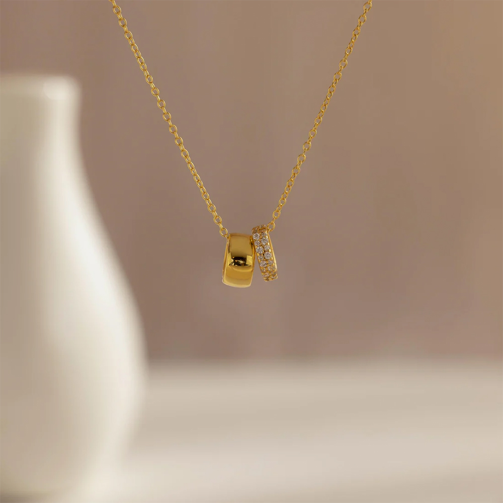 EManco Stainless Steel Ring Pendant Necklace Luxury Rhombus Ring Crystal Necklace Non Tarnish Gold Color Jewelry for Women