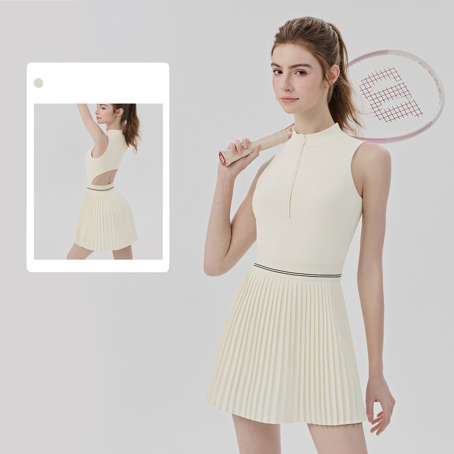 Wholesale Back Hollow Out Women Tennis Wear Half Zipper Dresses Breathable Striped Waist Pickleball Paddle Tennis Dress Luxury
