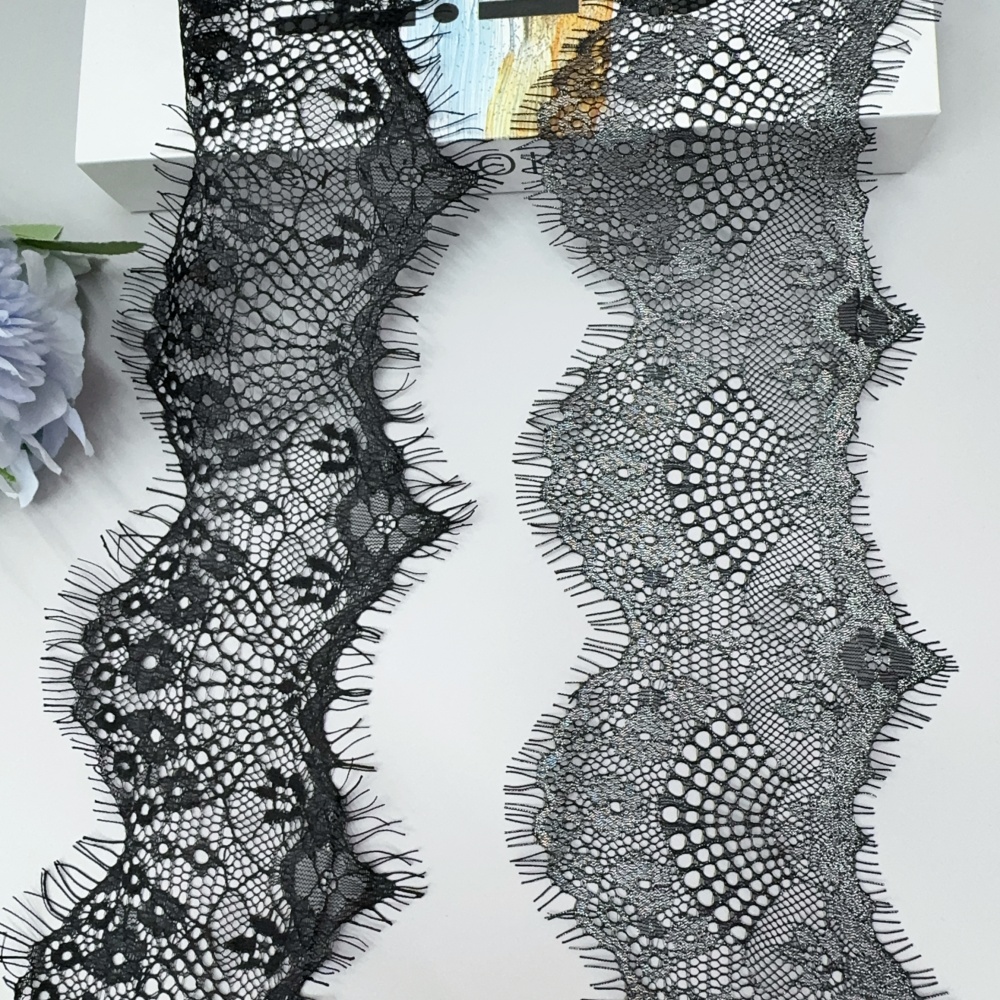 Erkoumi New Arrival Black Silver Chantilly Eyelet Lace Elegant Eyelash Trimmings Lace for Women's Lace Sleepwear Bridal Dress