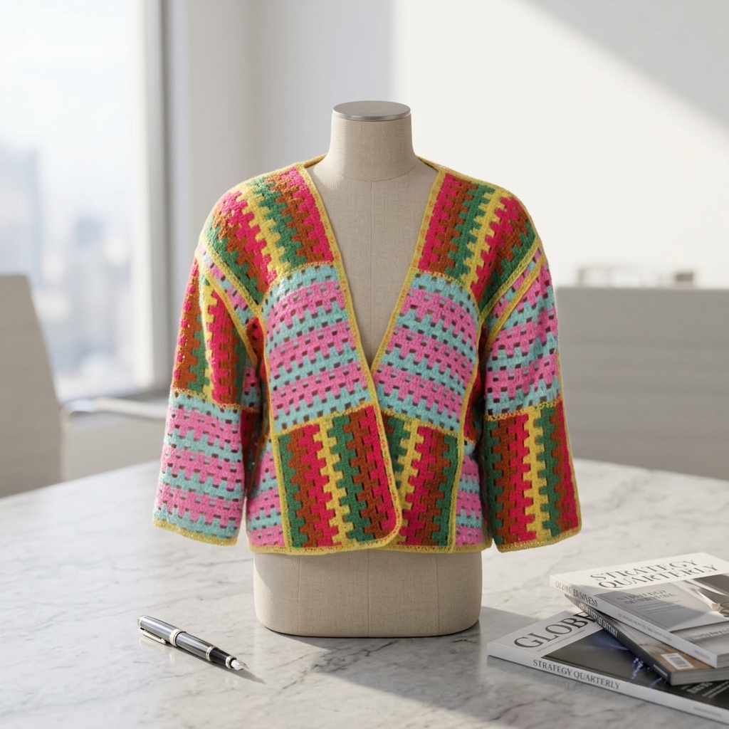 Women Multicolor Rainbow Patchwork Boho Retro Color Block Hollow Out Spring Autumn Knitted Crochet Cardigan