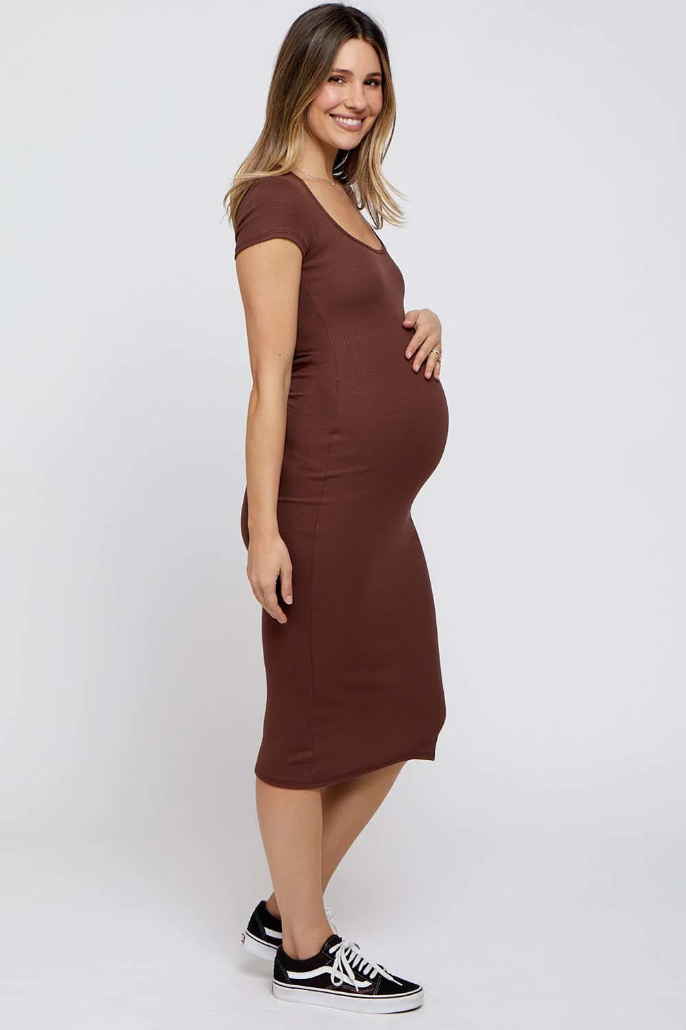 Scoop Neckline Short Sleeves Wholesale Rib Knit Midi Maternity Clothing