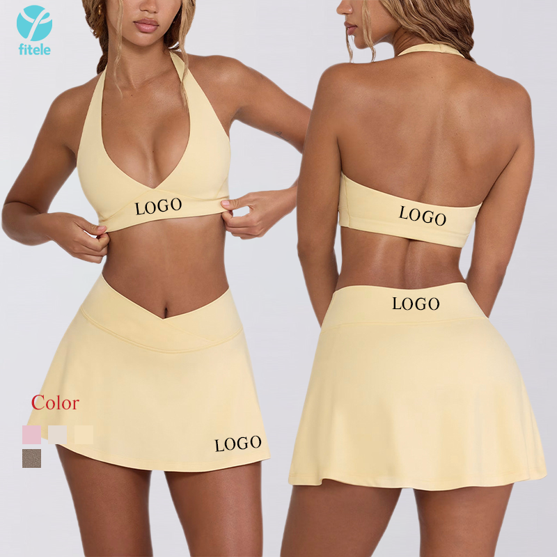 Women's Halter V Neck Bra Tennis Skirt Custom Logo 2-Piece Solid Breathable Yoga Golf Tennis Sport Wear Front Fitness Outfits