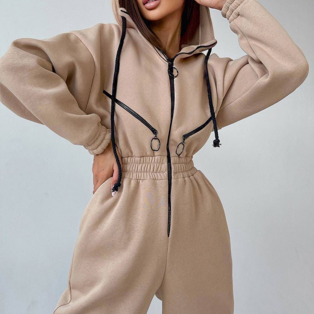 Women's Custom Logo Embroidered Skinny Sweatpants Zip Hoodie Set OEM Private Label Casual Two Piece Tracksuit Modest