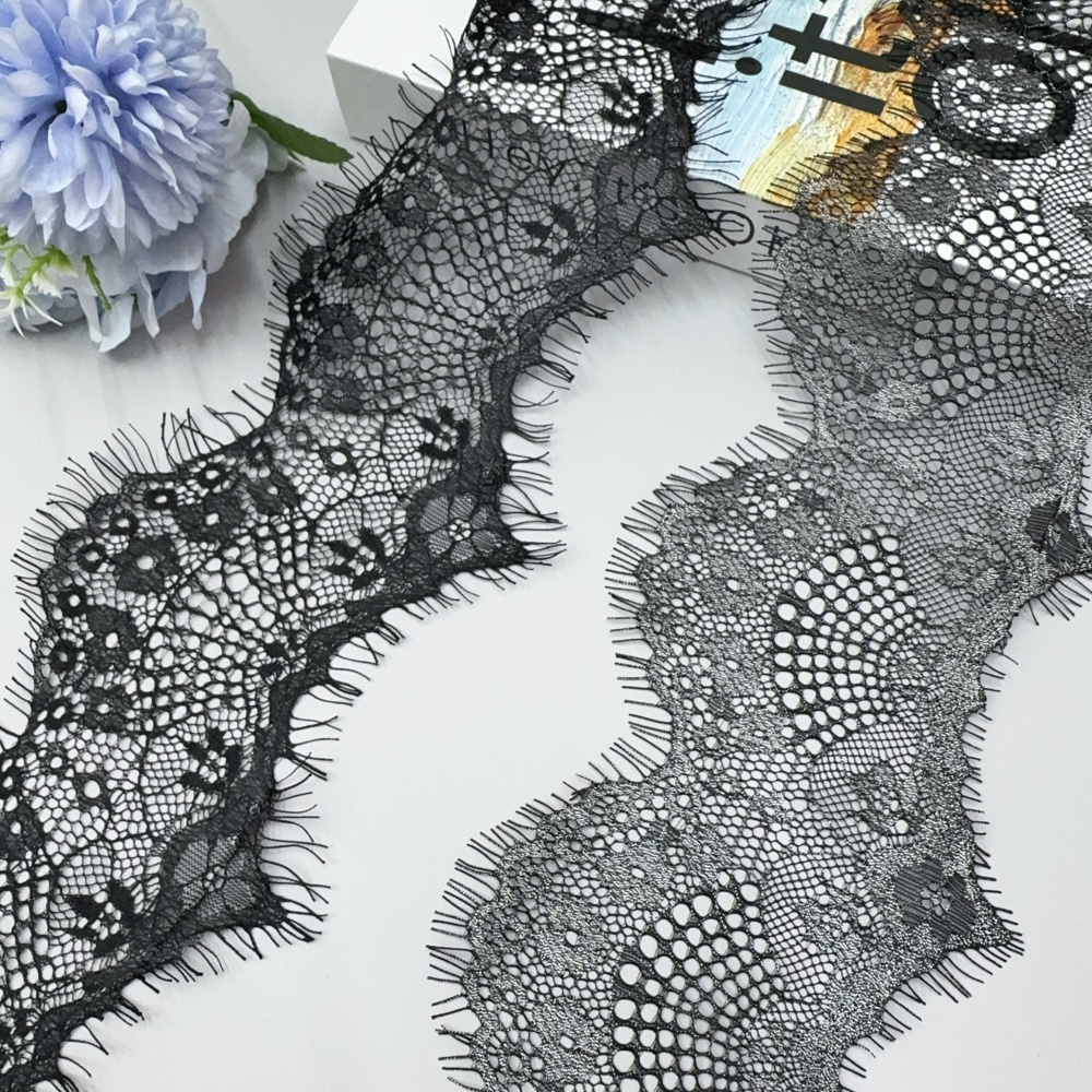 Erkoumi New Arrival Black Silver Chantilly Eyelet Lace Elegant Eyelash Trimmings Lace for Women's Lace Sleepwear Bridal Dress