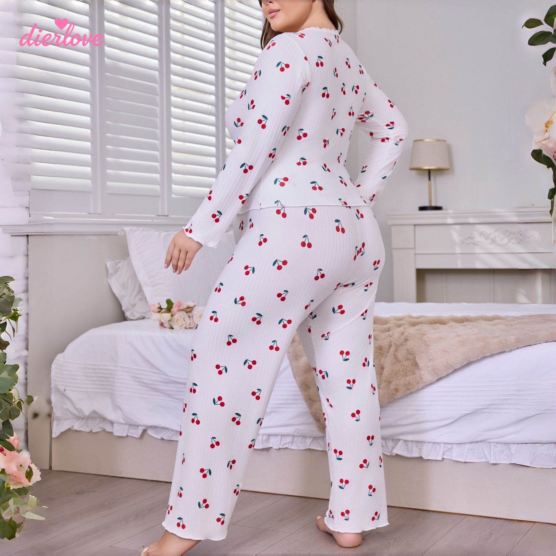 Plus Size Women's Luxury Cherry Print Two-piece Breathable Simple Summer Pajamas Sleepwear Set Long Sleeve Shorts Home Clothes