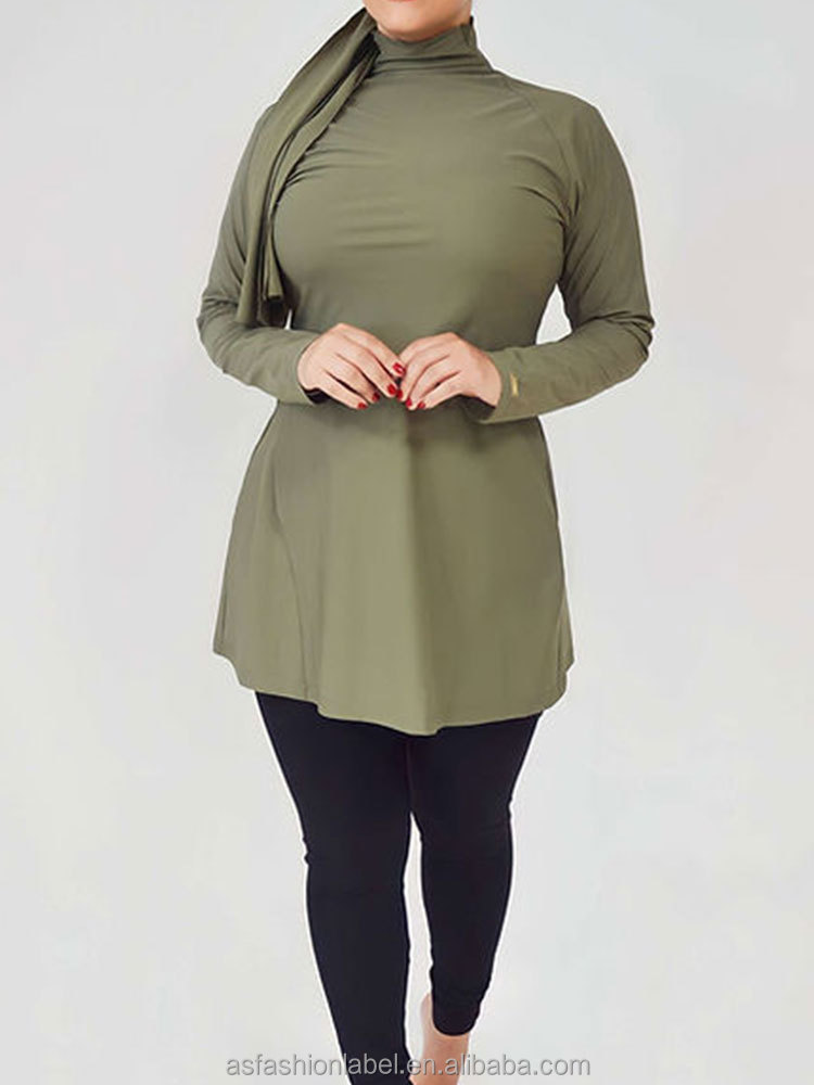 Custom OEM Solid Sage Green Burkini Pour Femme Musulman 3 Piece Women Mock Neck Long Sleeve Peplum Top Quick Dry Modest Swimwear