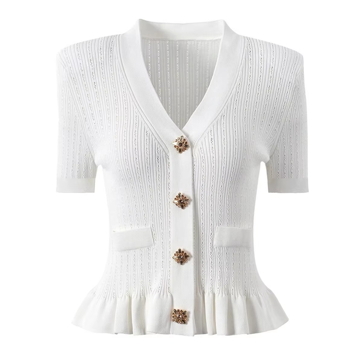 Women's Designer Slim Breathable 300g Shirt/Blouse V-Neck Hollow Short Sleeve Knitted Top Ruffles Casual Simple White Black