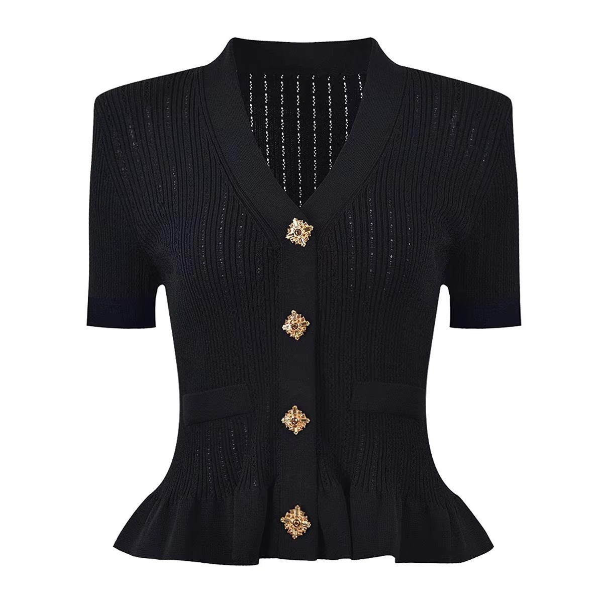 Women's Designer Slim Breathable 300g Shirt/Blouse V-Neck Hollow Short Sleeve Knitted Top Ruffles Casual Simple White Black
