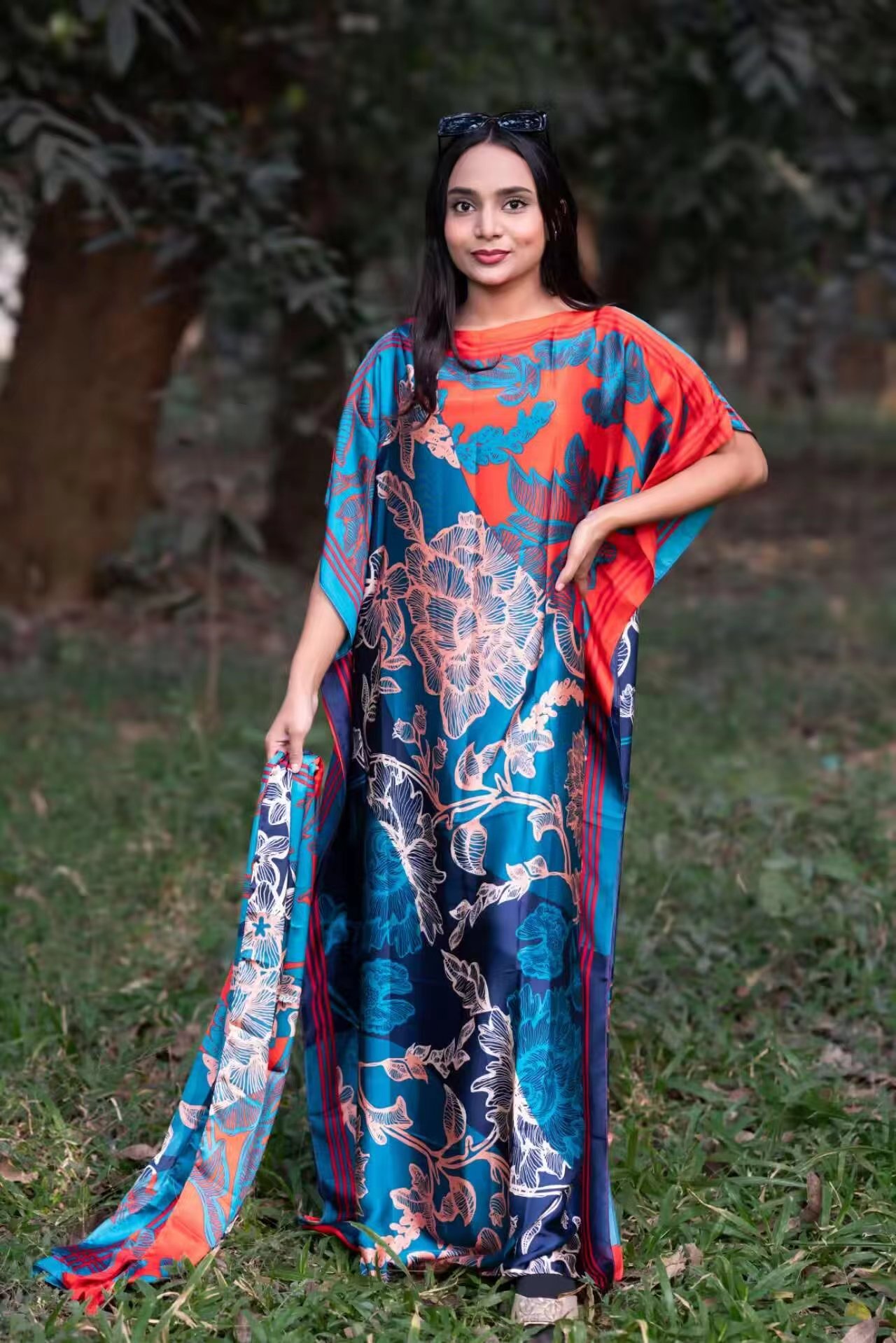 2025 Popular Girl's Brand Silk Robes With Scarf Luxury Ethnic African Loose Printed Women's Satin Silk Muslim Kaftans