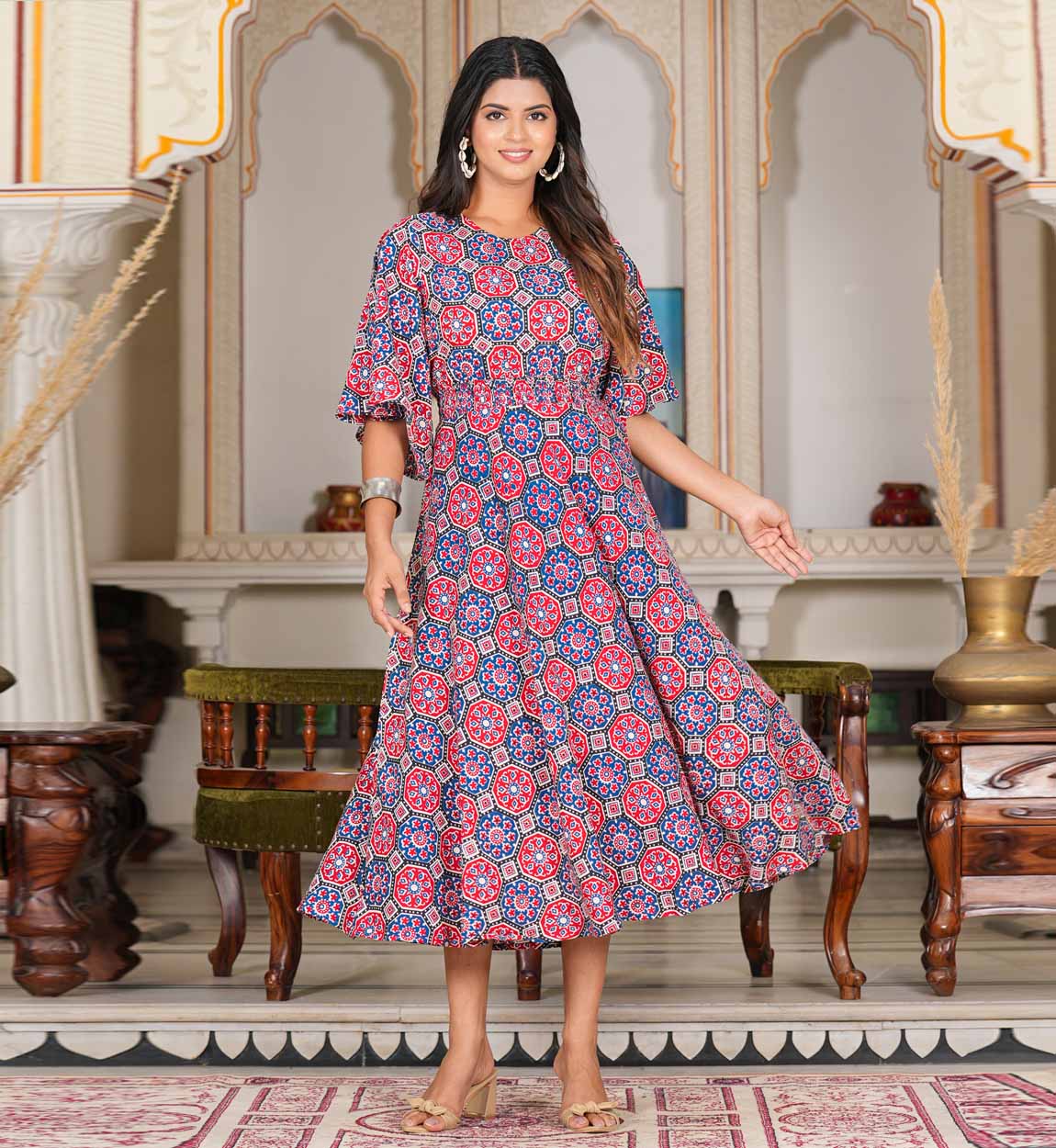 Multi Floral Printed Formal Smoking Anarkali Dress Rayon Flared Sleeves Neck Women Colorful Elegant Ethnic Summer Pattern 2