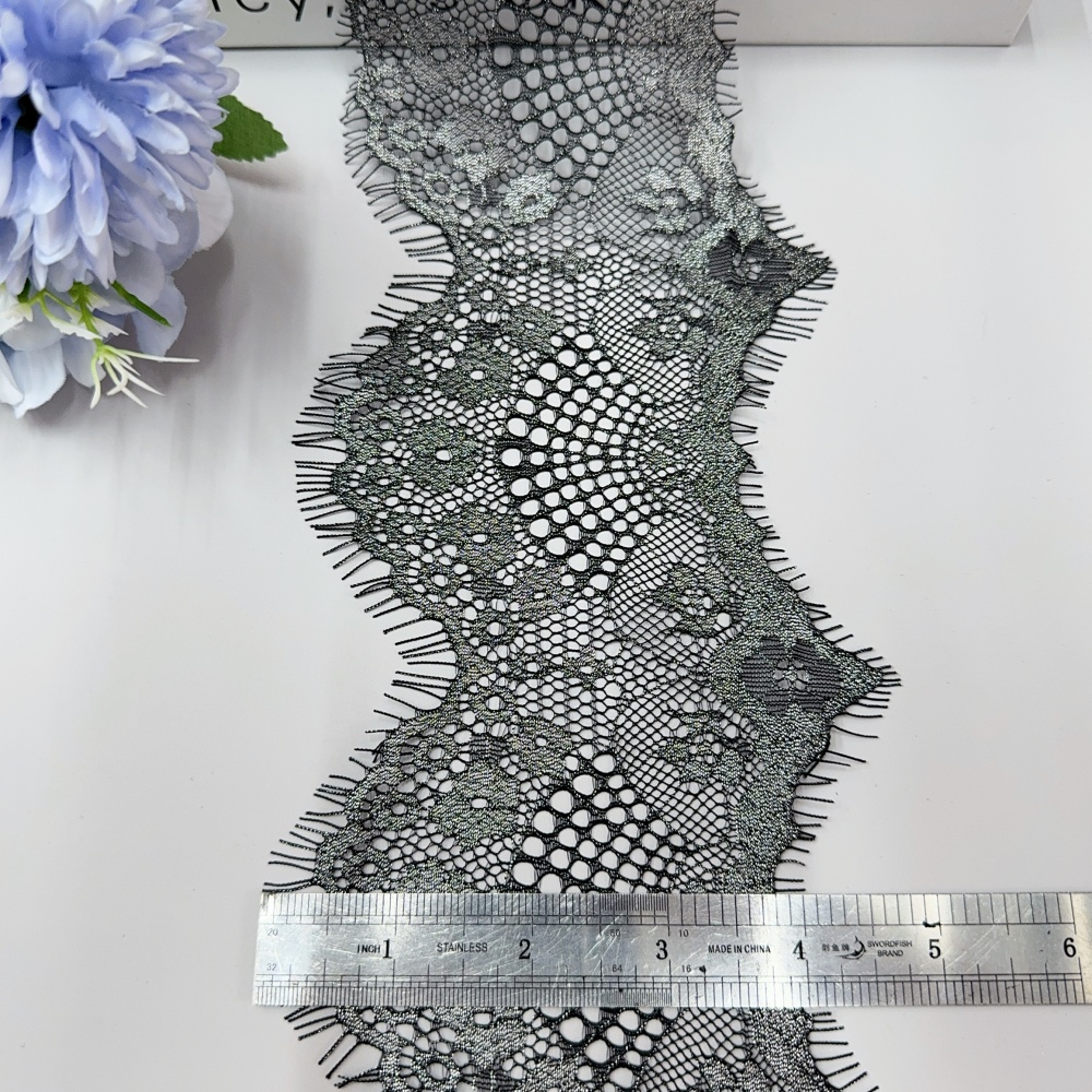 Erkoumi New Arrival Black Silver Chantilly Eyelet Lace Elegant Eyelash Trimmings Lace for Women's Lace Sleepwear Bridal Dress