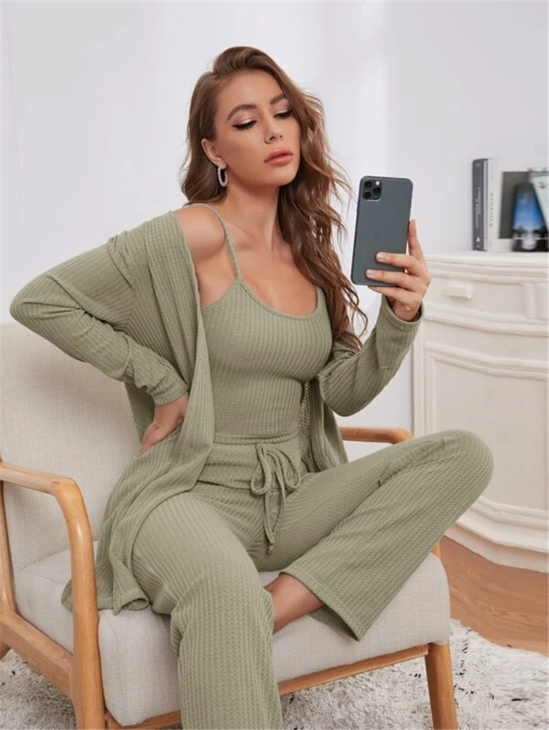 Women's Fashion Sexy 3-Piece Lounge Wear Knit Top Pants and Robe Summer Loungewear Sleepwear Set