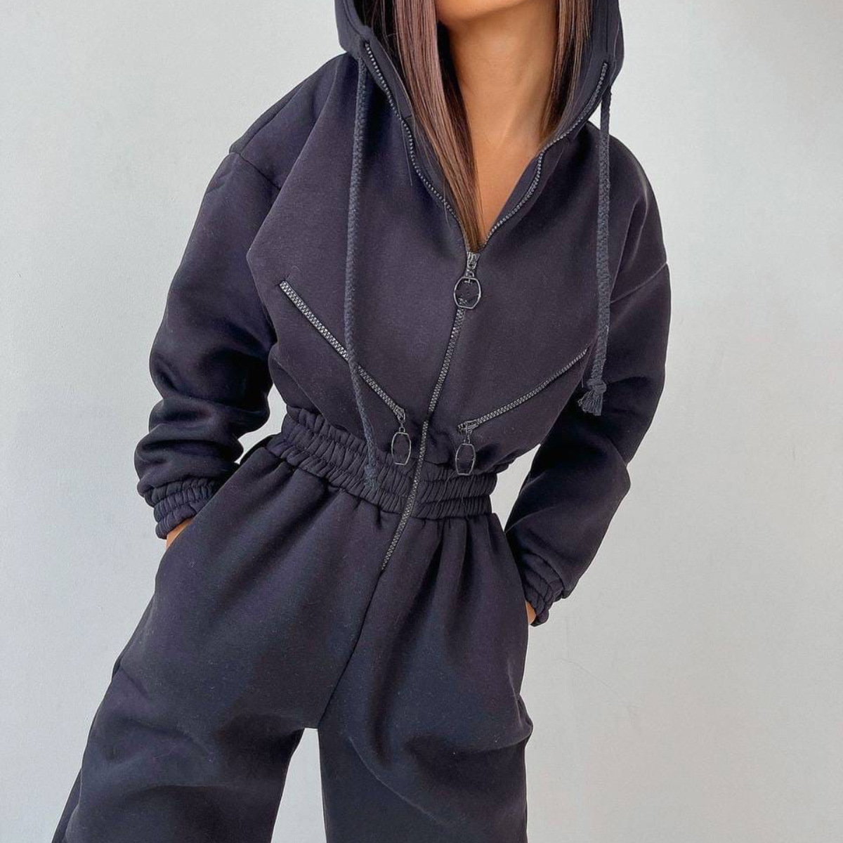 Women's Custom Logo Embroidered Skinny Sweatpants Zip Hoodie Set OEM Private Label Casual Two Piece Tracksuit Modest