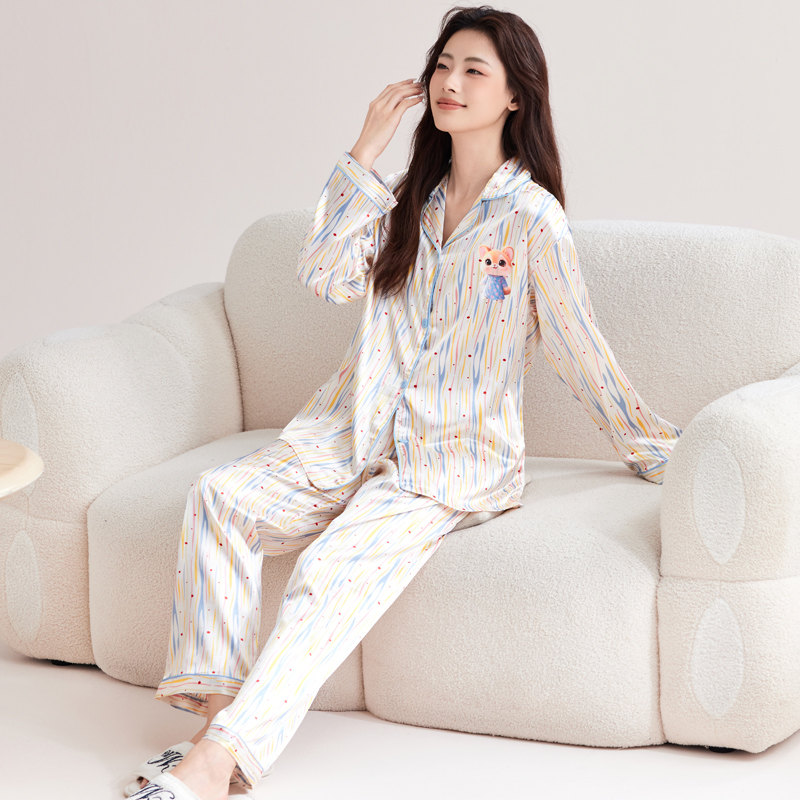 Women's Comfortable Sleepwear Set With Lapel Collar, Silk-like Striped Print, Long Sleeves and Pants