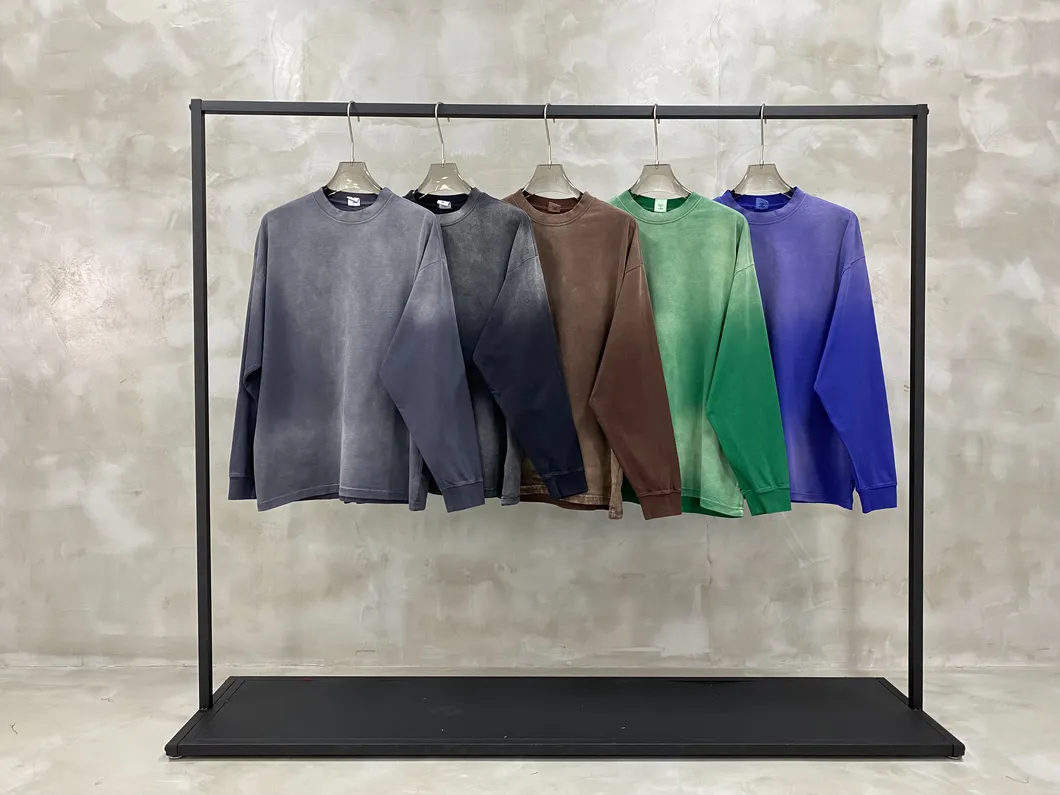 Apparel Wholesale Men 100% Cotton 260g Heavyweight High Quality Vintage Washed Oversized Blank Streetwear Custom Puff Print Designer Long Sleeve Tee Shirt