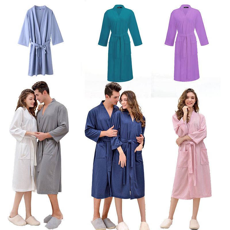 Women's Breathable Solid Autumn Waffle Bathing Robe Sauna Suit Thin Full-Length Nightgown V-neck 100% Polyester Front Elastic