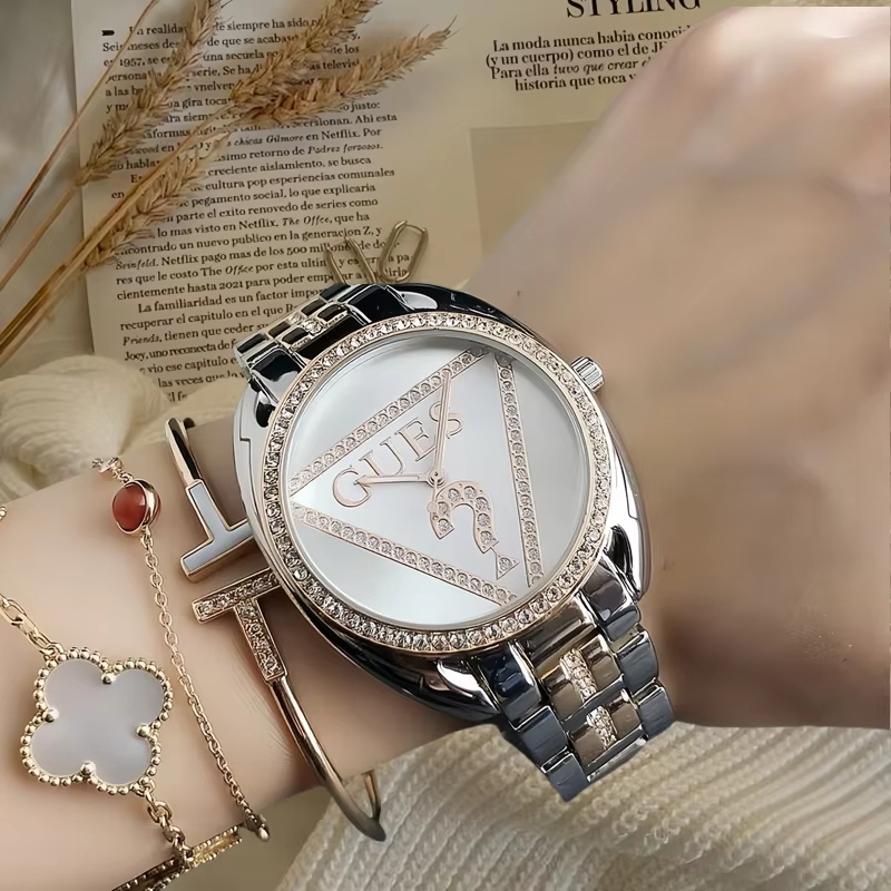 High Quality Women's Luxury Watch Alloy Two-Tone Bracelet Rhinestone Bezel Elegant Quartz Watch 38mm 20mm Glass Dial