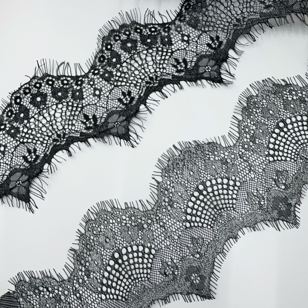 Erkoumi New Arrival Black Silver Chantilly Eyelet Lace Elegant Eyelash Trimmings Lace for Women's Lace Sleepwear Bridal Dress