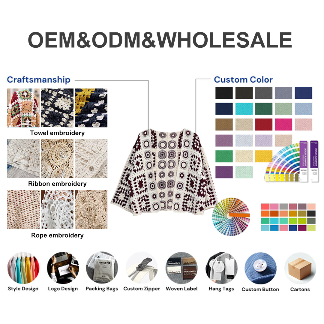 Cardigan Femme Crochet, Boho Vintage Floral Hollow Out Long Sleeve Acrylic Knit Women Summer Beach Cover up OEM Cardigan