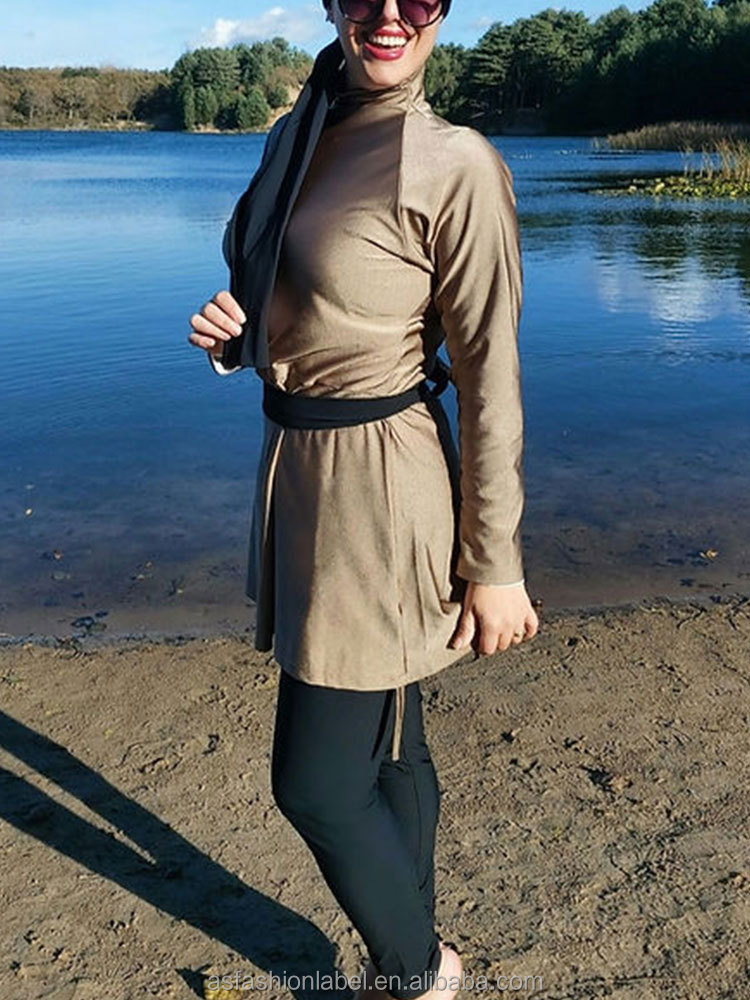 Custom OEM Burkini 3 Piece Set Women Mock Neck Peplum Top Quick Dry Long Sleeve Hijab Champagne Muslim Swimsuit Modest Swimwear