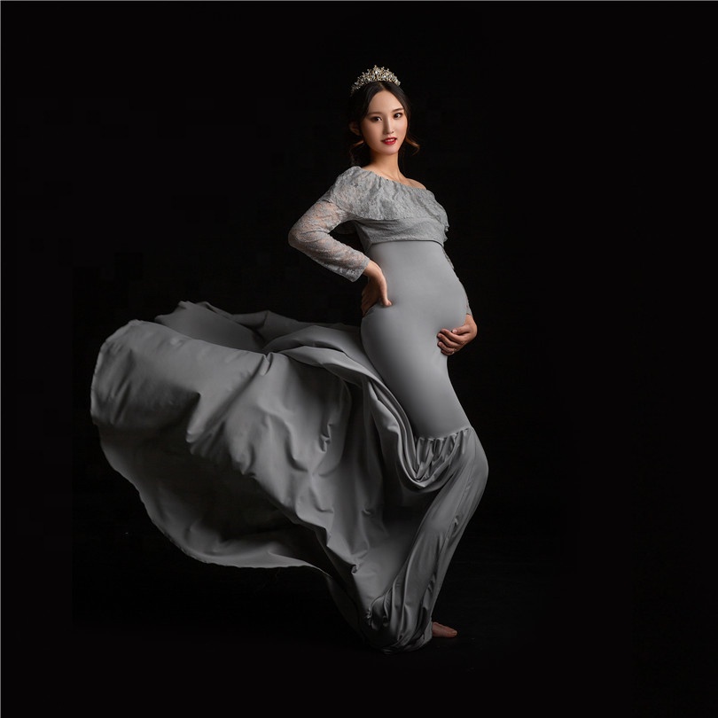 Grey Slim Fit Jersey Maternity Dress Floor Length V-Neck Maternity Gown for Photo Shoot Wedding Dress for Photography