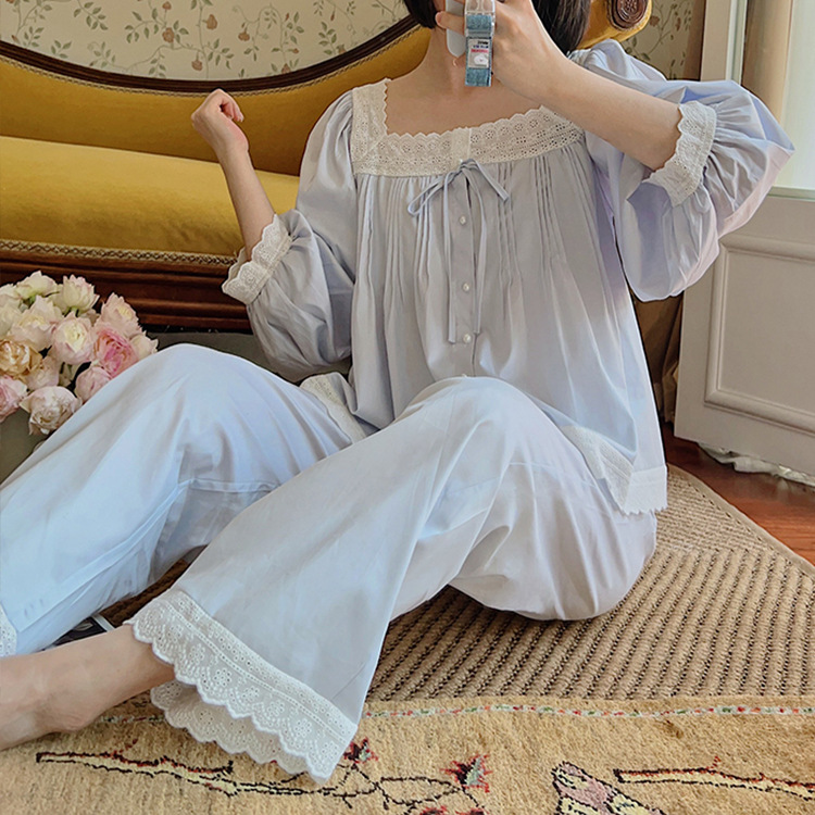 Retro Elegant Accordion Pleated Square Collar Cotton Long Sleeve Homewear Pajamas Set Women's Spring Autumn New Loose Sweet
