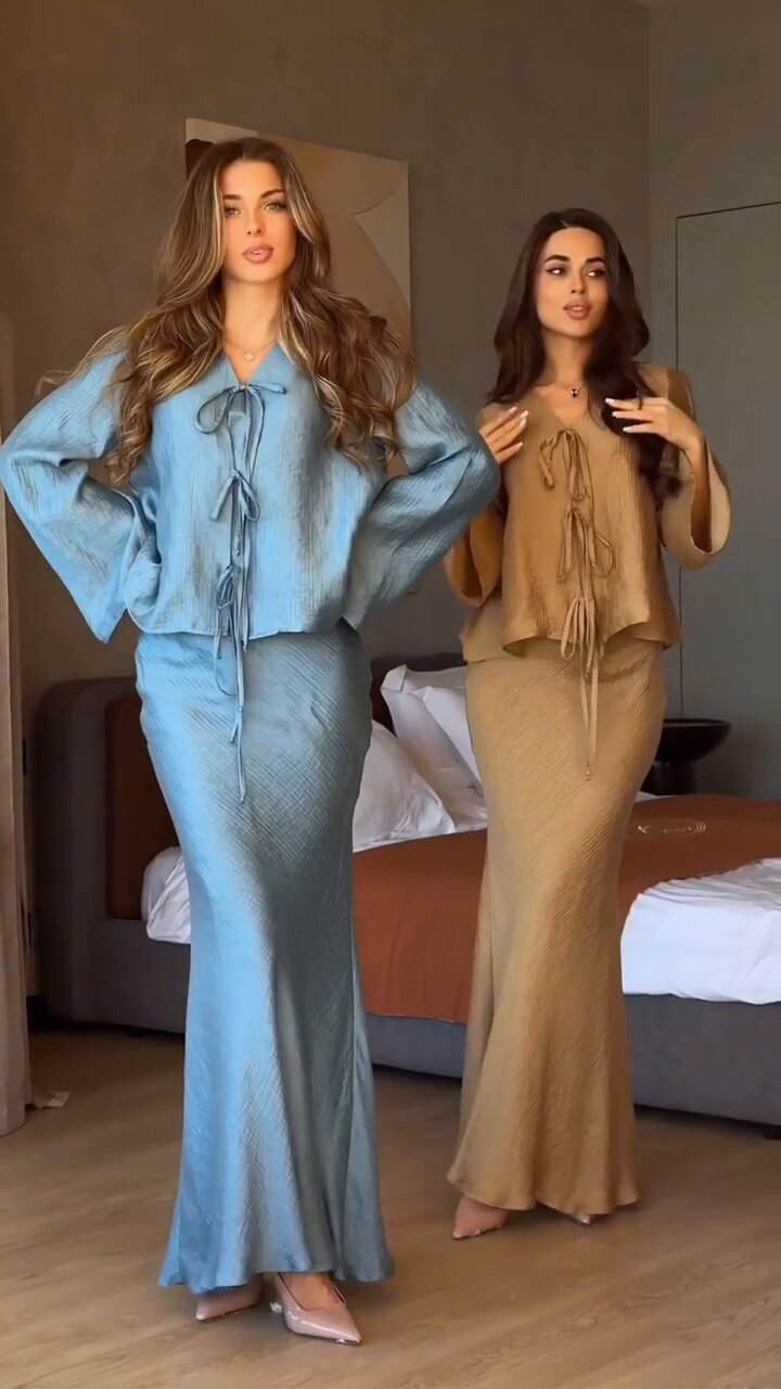 J-256 2025 Elegant Modest Luxury Slim 2 Piece Set of Temperament Tied Top and Slimming Muslim Long Casual Dress Women