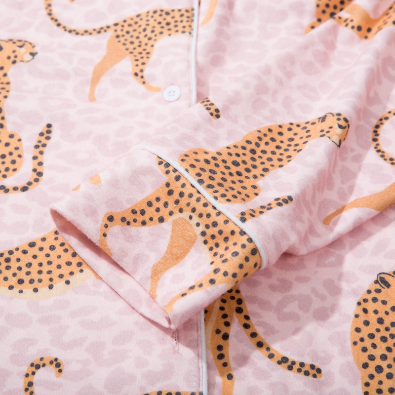 Custom Women Loungewear Manufacturer Sleepwear Pajamas Pants Set Spring and Autumn Leopard Printed Shirt Pajama Set